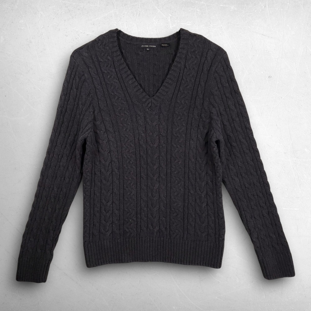 Jeanne Pierre Cable Knit V-Neck Sweater Women XL Gray Preppy Classic Timeless
